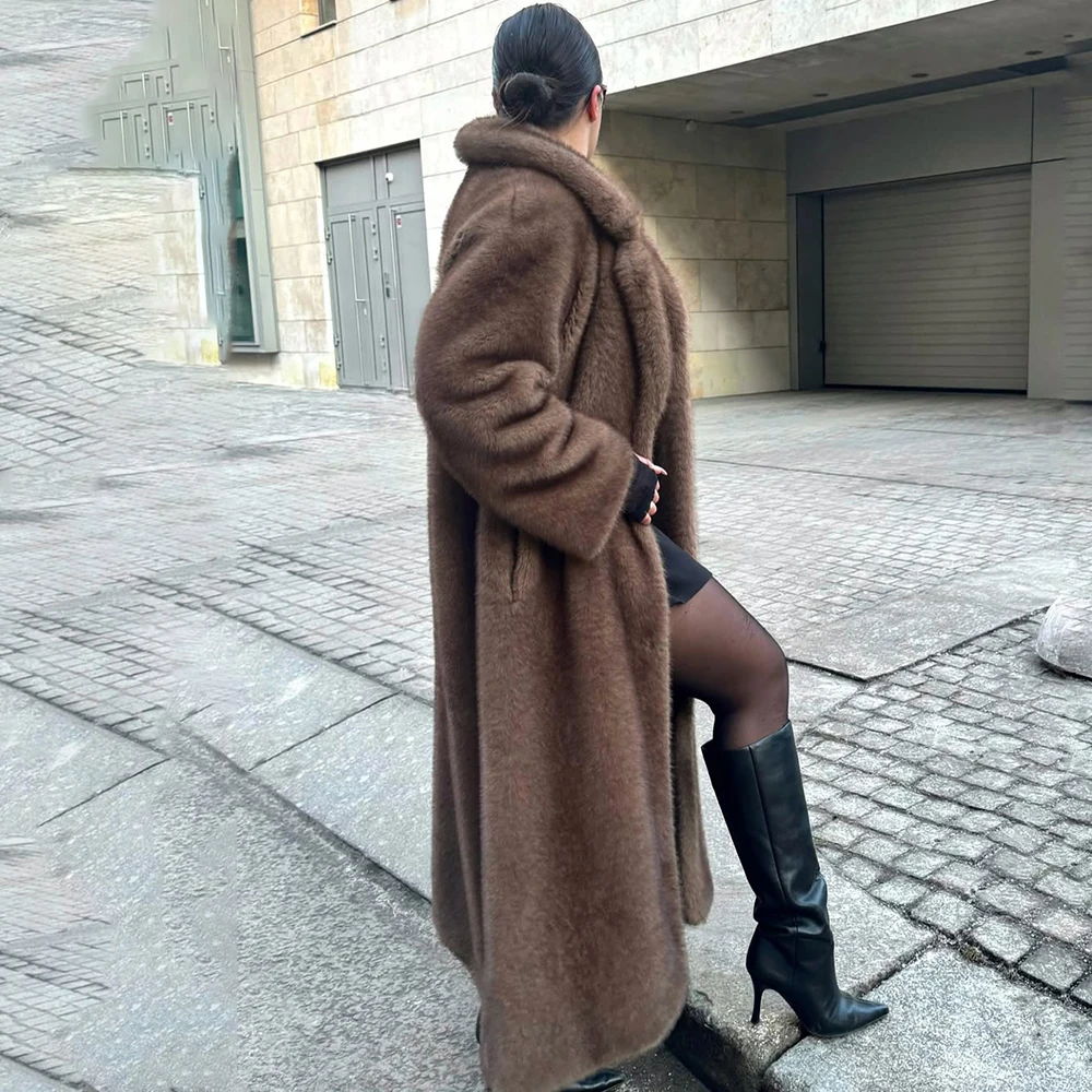 Tuularose Faux Fur Long Coat Women's Lace-up Thickened Long Fur Coat Jacket 2025 Winter Fluffy Plush Warm Lapel Vintage Outwear