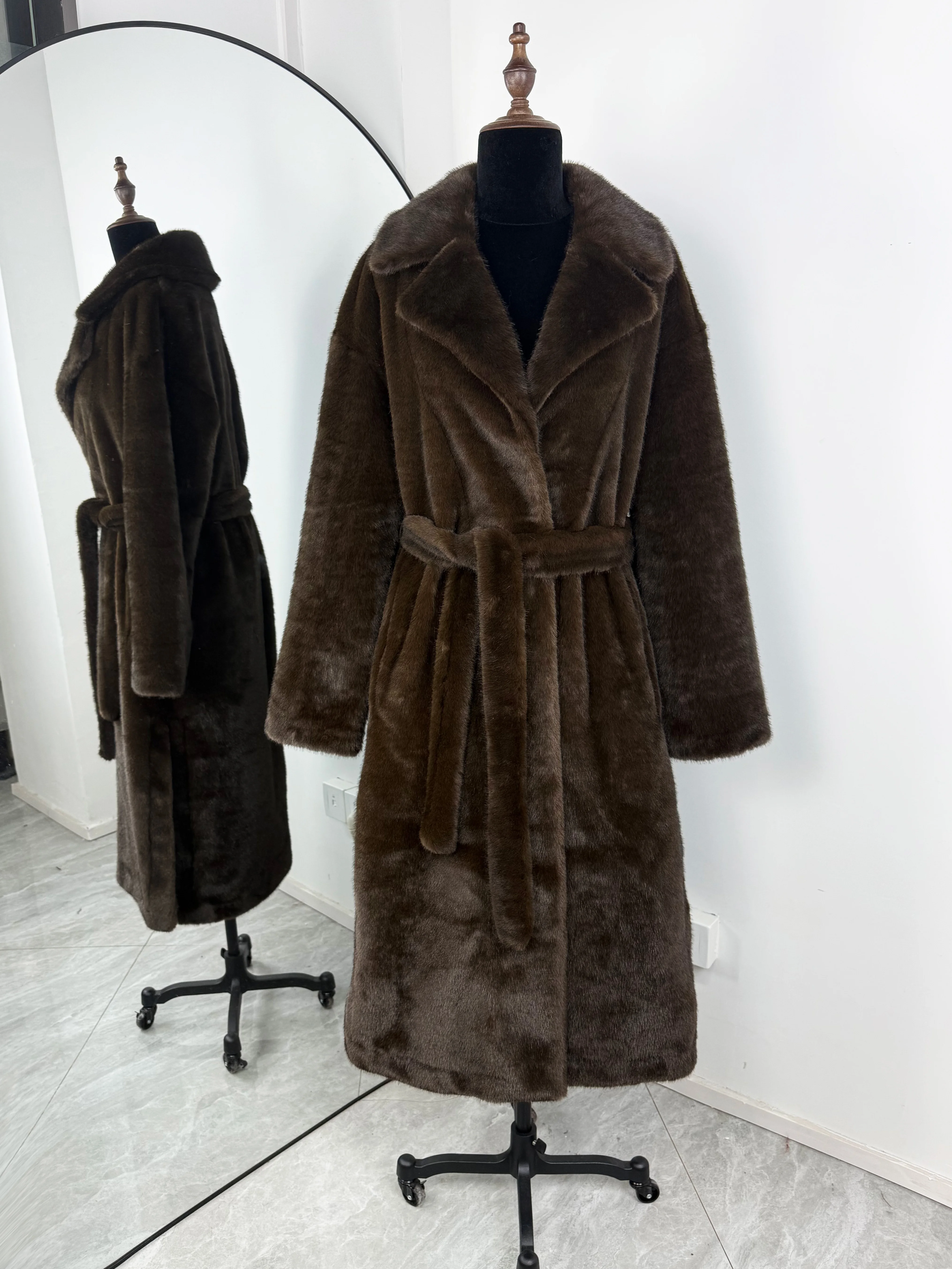 Tuularose Faux Fur Long Coat Women's Lace-up Thickened Long Fur Coat Jacket 2025 Winter Fluffy Plush Warm Lapel Vintage Outwear