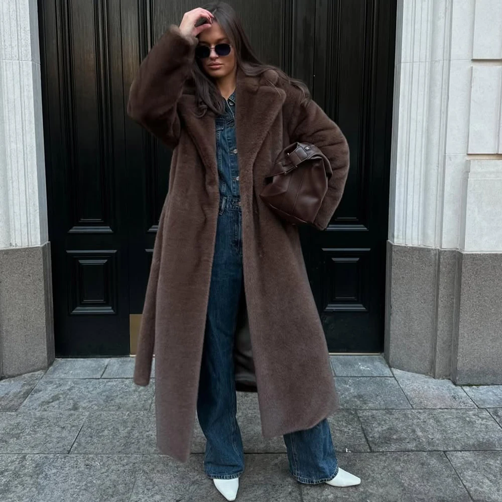 Tuularose Faux Fur Long Coat Women's Lace-up Thickened Long Fur Coat Jacket 2025 Winter Fluffy Plush Warm Lapel Vintage Outwear