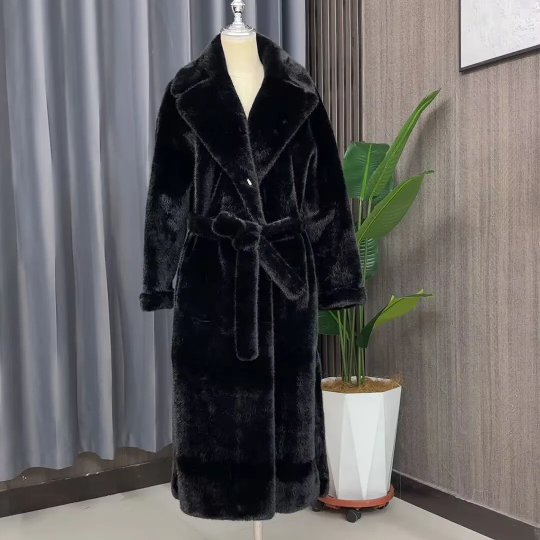 Tuularose Faux Fur Long Coat Women's Lace-up Thickened Long Fur Coat Jacket 2025 Winter Fluffy Plush Warm Lapel Vintage Outwear