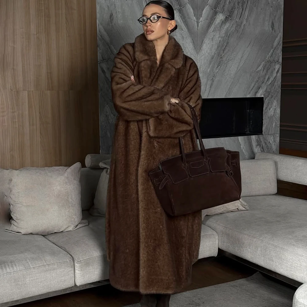 Tuularose Faux Fur Long Coat Women's Lace-up Thickened Long Fur Coat Jacket 2025 Winter Fluffy Plush Warm Lapel Vintage Outwear