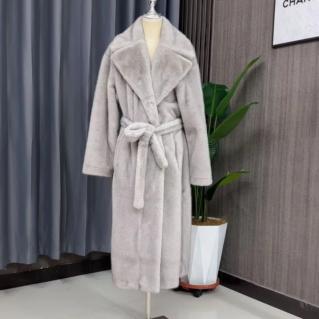 Tuularose Faux Fur Long Coat Women's Lace-up Thickened Long Fur Coat Jacket 2025 Winter Fluffy Plush Warm Lapel Vintage Outwear
