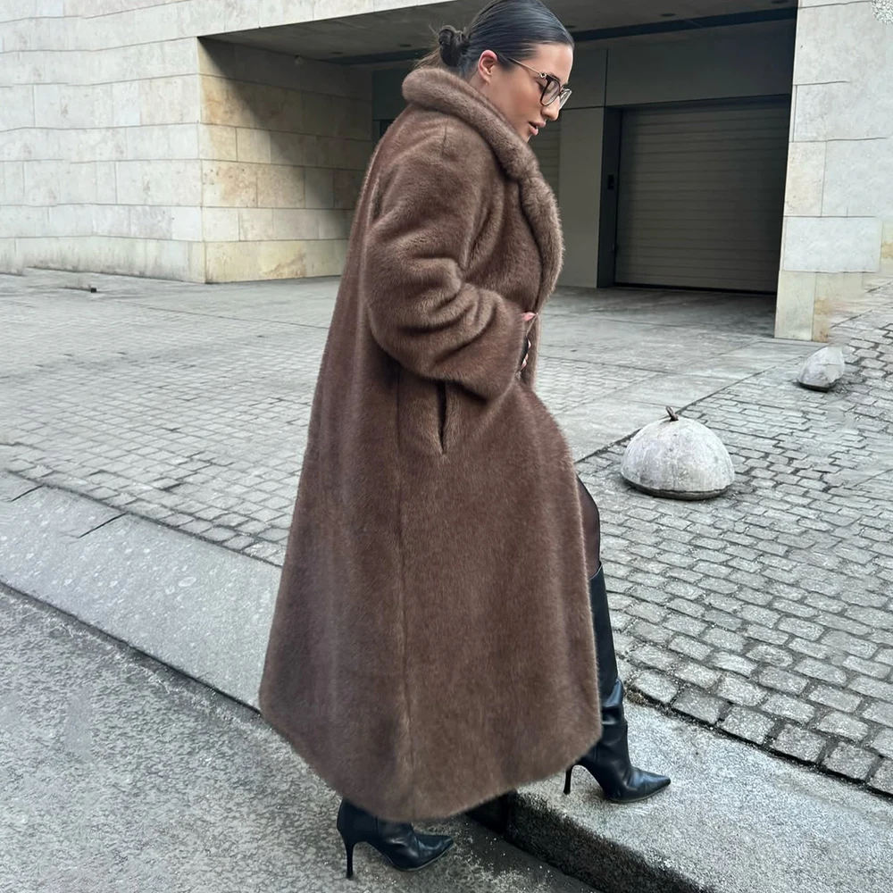 Tuularose Faux Fur Long Coat Women's Lace-up Thickened Long Fur Coat Jacket 2025 Winter Fluffy Plush Warm Lapel Vintage Outwear