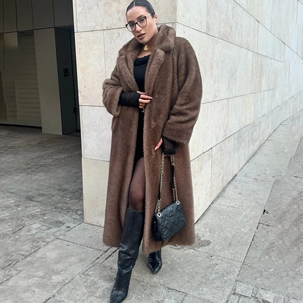 Tuularose Faux Fur Long Coat Women's Lace-up Thickened Long Fur Coat Jacket 2025 Winter Fluffy Plush Warm Lapel Vintage Outwear