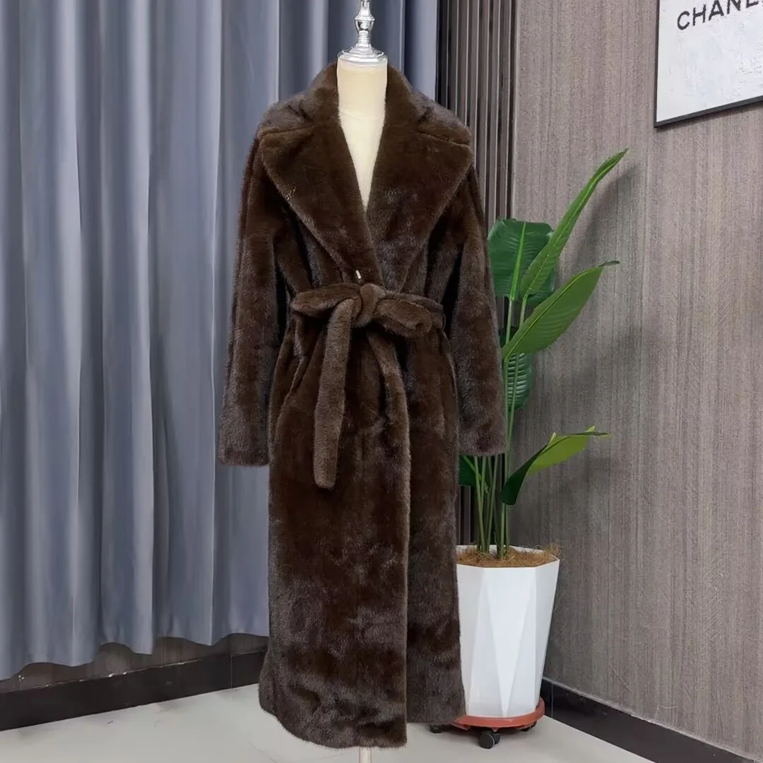 Tuularose Faux Fur Long Coat Women's Lace-up Thickened Long Fur Coat Jacket 2025 Winter Fluffy Plush Warm Lapel Vintage Outwear