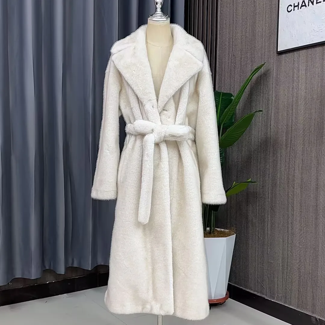 Tuularose Faux Fur Long Coat Women's Lace-up Thickened Long Fur Coat Jacket 2025 Winter Fluffy Plush Warm Lapel Vintage Outwear