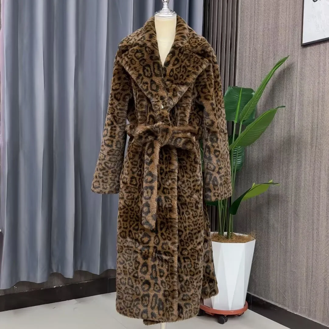Tuularose Faux Fur Long Coat Women's Lace-up Thickened Long Fur Coat Jacket 2025 Winter Fluffy Plush Warm Lapel Vintage Outwear