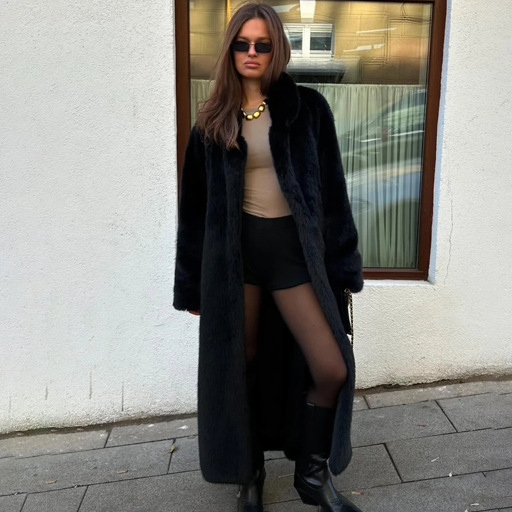 Tuularose Faux Fur Long Coat Women's Lace-up Thickened Long Fur Coat Jacket 2025 Winter Fluffy Plush Warm Lapel Vintage Outwear