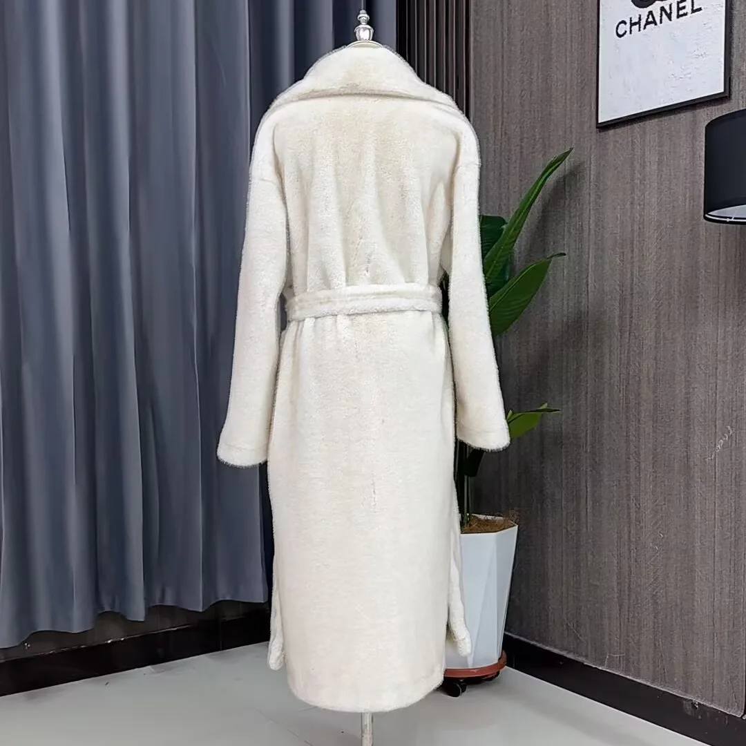 Tuularose Faux Fur Long Coat Women's Lace-up Thickened Long Fur Coat Jacket 2025 Winter Fluffy Plush Warm Lapel Vintage Outwear