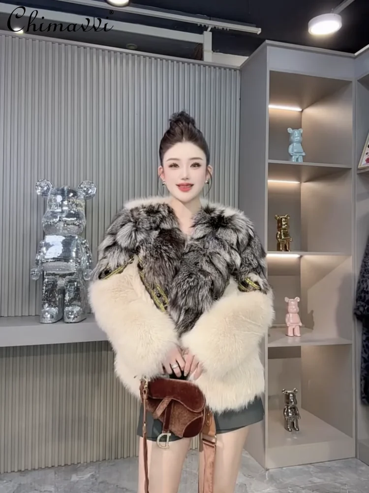 Winter Clothes New European Mink Fur Shearling Coat Women Fashion Real Fox Fur Collar Loose Long Sleeve Warm Elegant Fur Coat