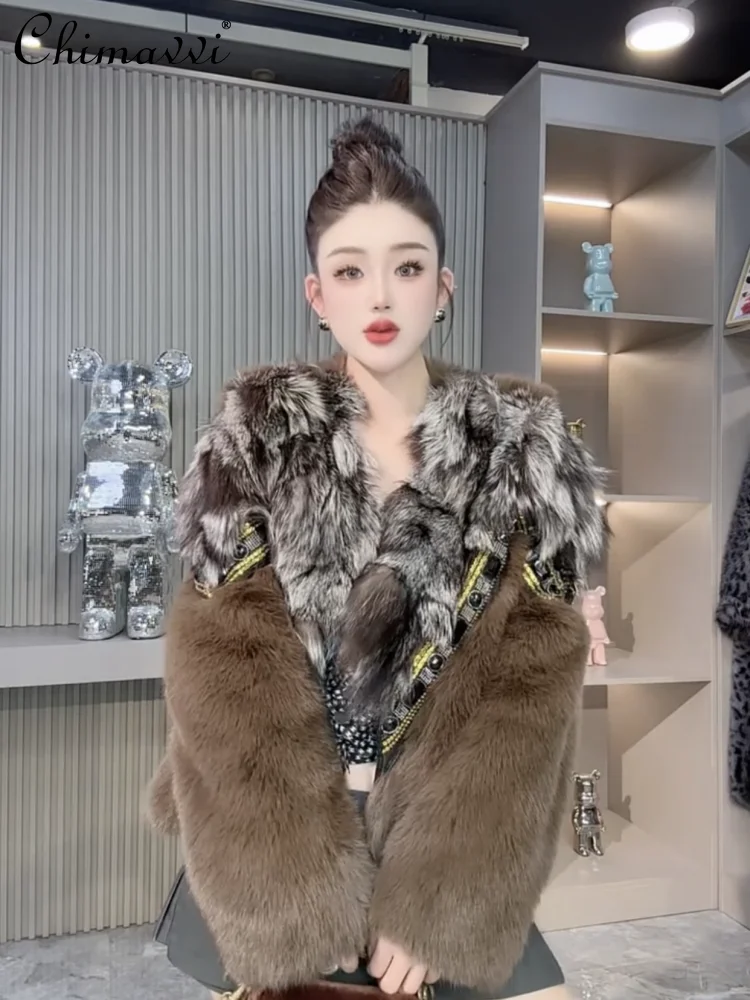 Winter Clothes New European Mink Fur Shearling Coat Women Fashion Real Fox Fur Collar Loose Long Sleeve Warm Elegant Fur Coat
