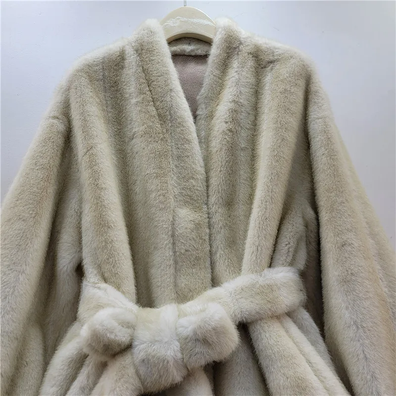 DEAT 2026 Autumn Winter New Fashion Style Faux Mink Fur Belted Coat For Women High Quality Soft Lace-up Waist Jacket 11A07840