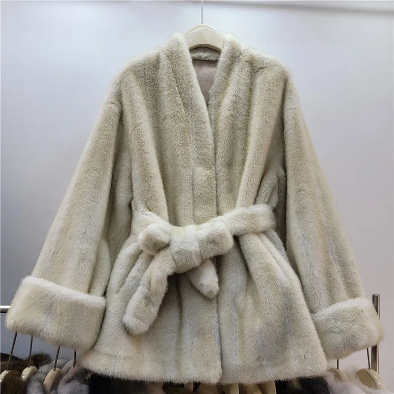 DEAT 2026 Autumn Winter New Fashion Style Faux Mink Fur Belted Coat For Women High Quality Soft Lace-up Waist Jacket 11A07840
