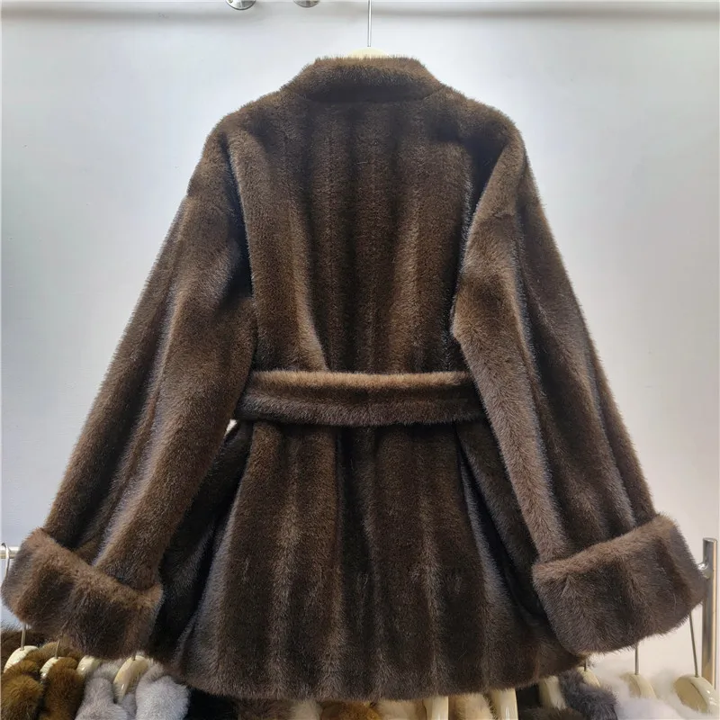DEAT 2026 Autumn Winter New Fashion Style Faux Mink Fur Belted Coat For Women High Quality Soft Lace-up Waist Jacket 11A07840