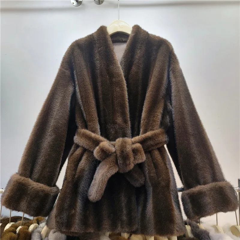 DEAT 2026 Autumn Winter New Fashion Style Faux Mink Fur Belted Coat For Women High Quality Soft Lace-up Waist Jacket 11A07840