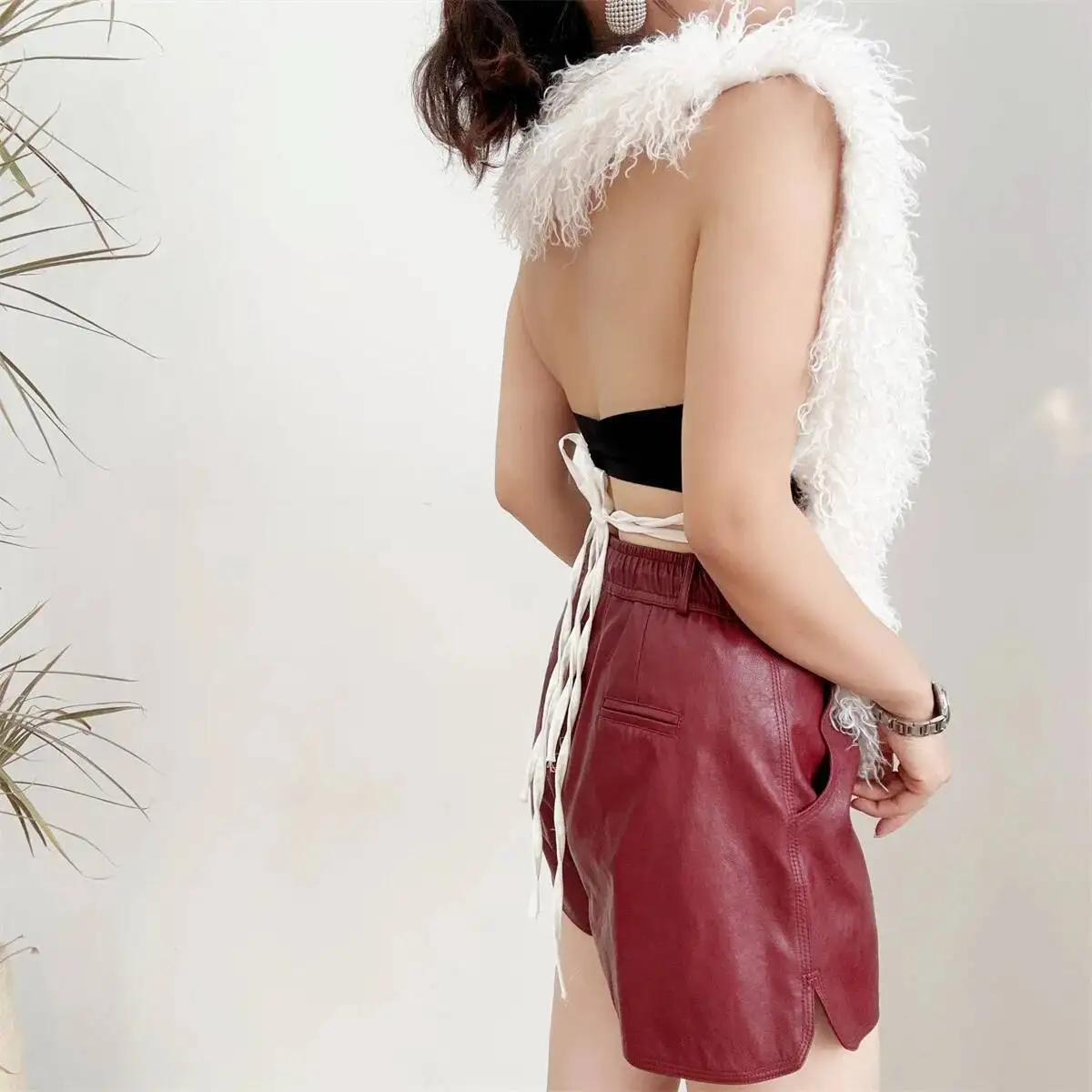 LANMREM 2025 New Faux Fur Vest For Women Imitation Shearling Sexy Backless Halter Top Autumn Winter Chic Clothing 2DB4916
