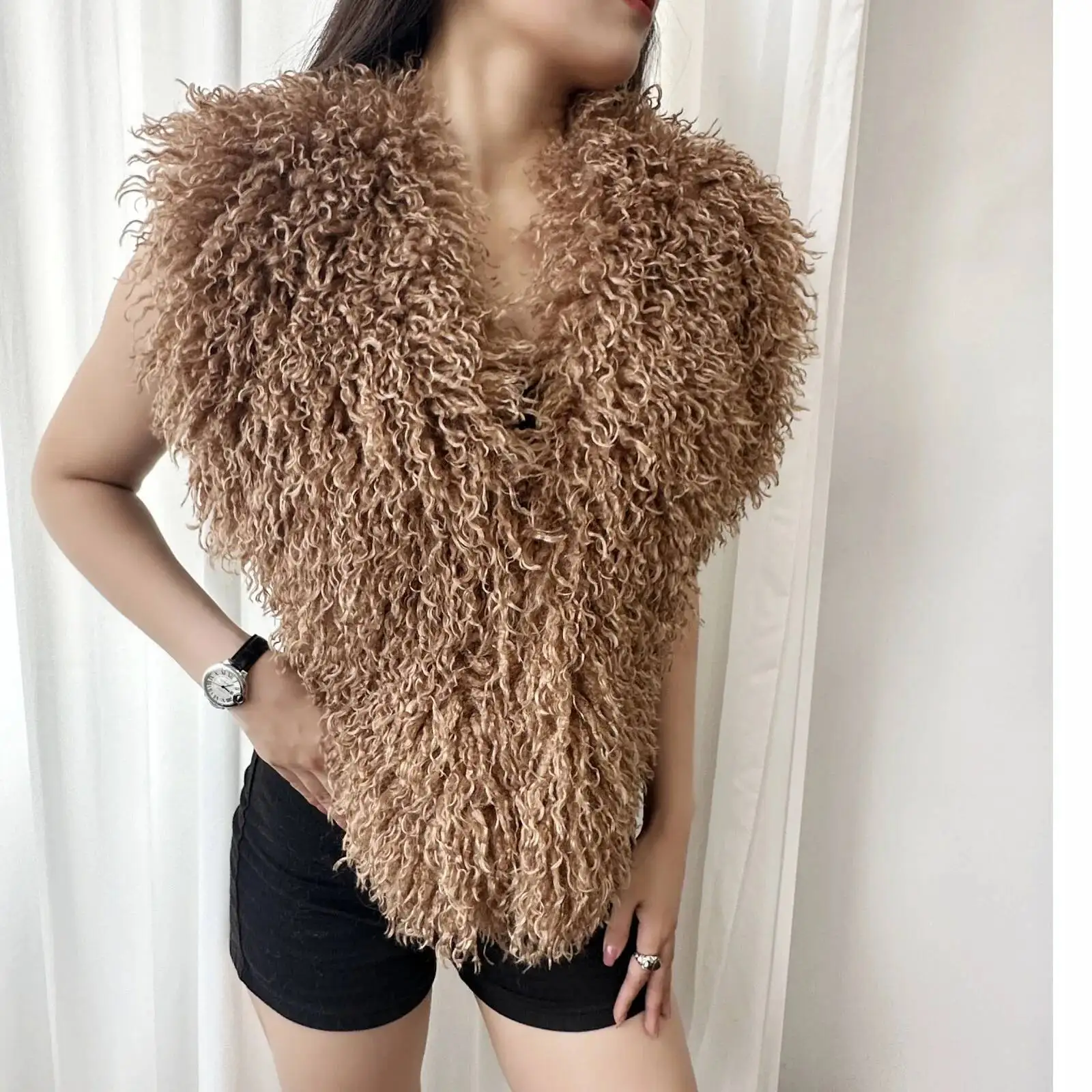 LANMREM 2025 New Faux Fur Vest For Women Imitation Shearling Sexy Backless Halter Top Autumn Winter Chic Clothing 2DB4916