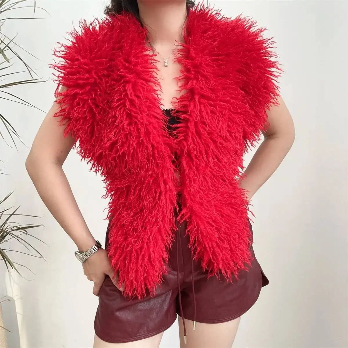 LANMREM 2025 New Faux Fur Vest For Women Imitation Shearling Sexy Backless Halter Top Autumn Winter Chic Clothing 2DB4916