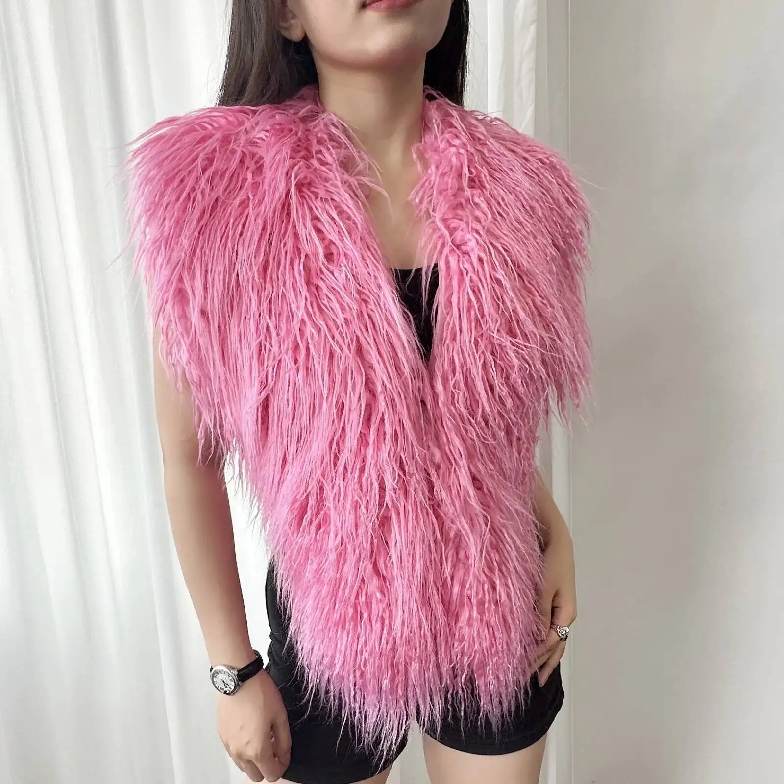LANMREM 2025 New Faux Fur Vest For Women Imitation Shearling Sexy Backless Halter Top Autumn Winter Chic Clothing 2DB4916