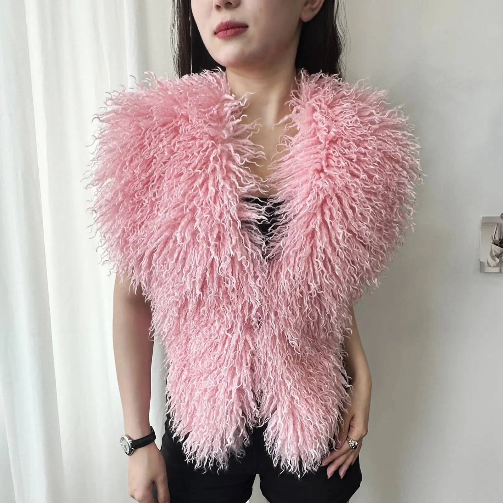LANMREM 2025 New Faux Fur Vest For Women Imitation Shearling Sexy Backless Halter Top Autumn Winter Chic Clothing 2DB4916