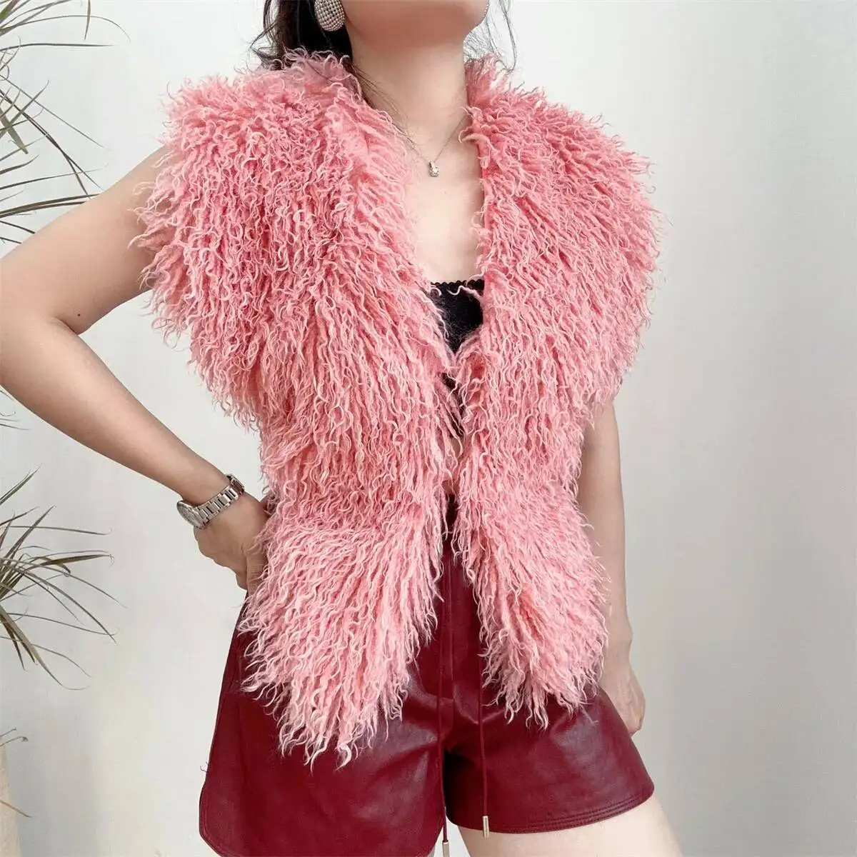 LANMREM 2025 New Faux Fur Vest For Women Imitation Shearling Sexy Backless Halter Top Autumn Winter Chic Clothing 2DB4916