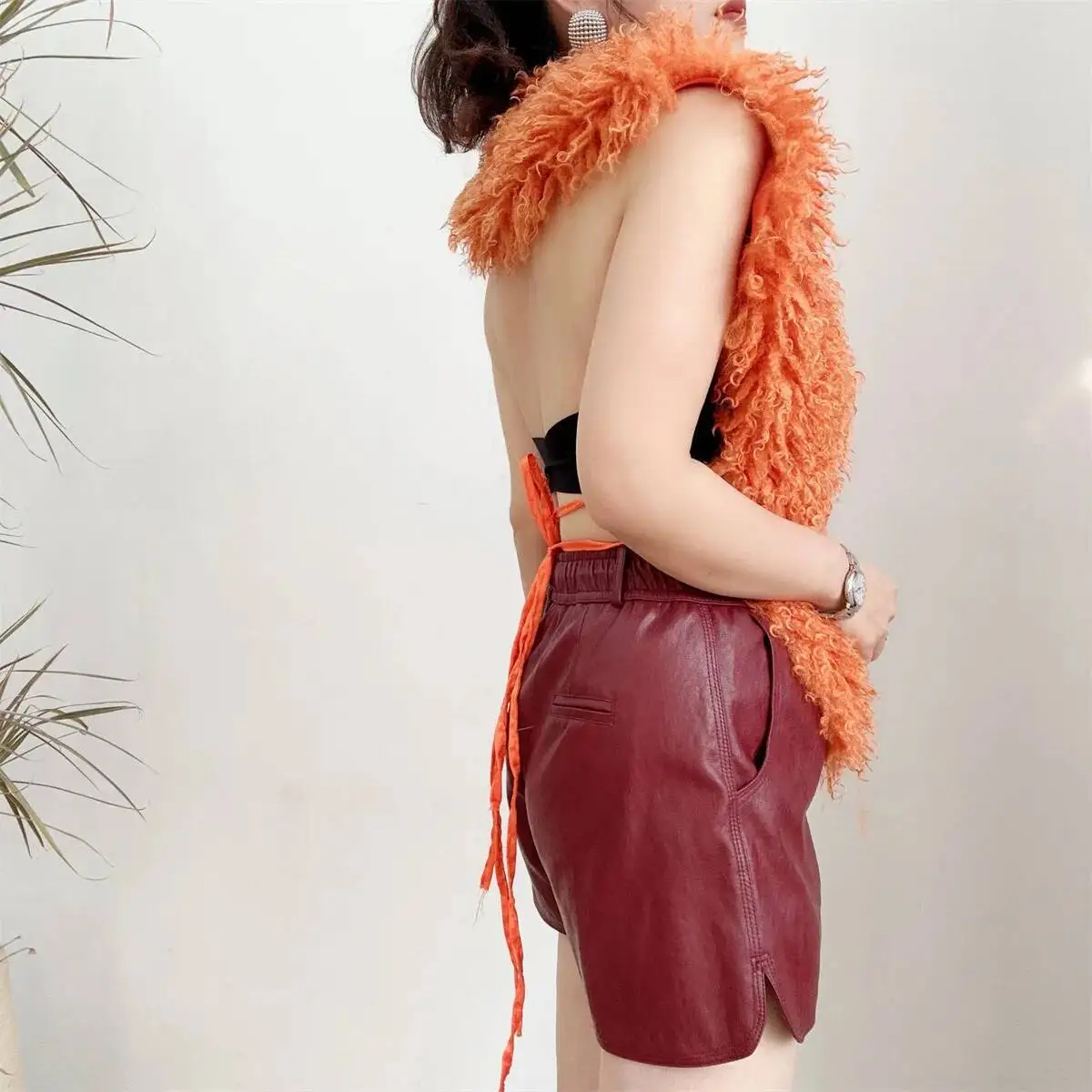 LANMREM 2025 New Faux Fur Vest For Women Imitation Shearling Sexy Backless Halter Top Autumn Winter Chic Clothing 2DB4916