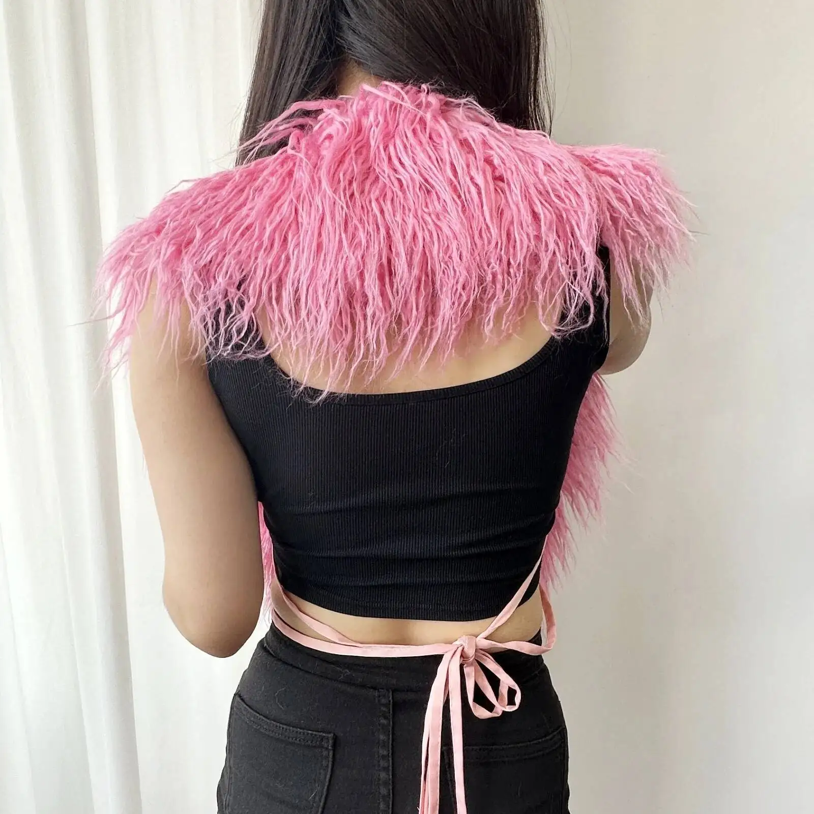 LANMREM 2025 New Faux Fur Vest For Women Imitation Shearling Sexy Backless Halter Top Autumn Winter Chic Clothing 2DB4916