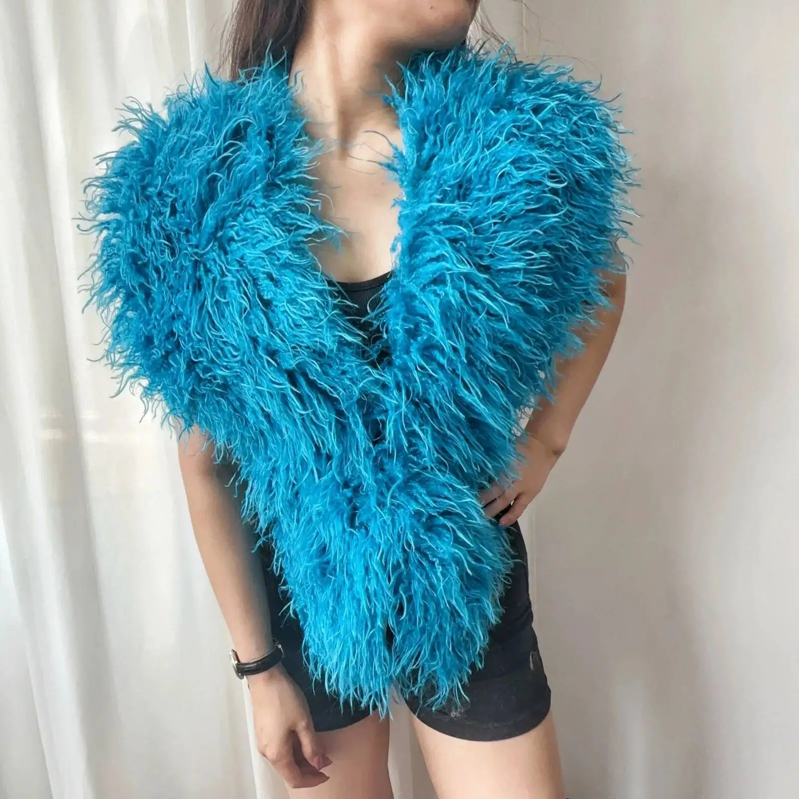 LANMREM 2025 New Faux Fur Vest For Women Imitation Shearling Sexy Backless Halter Top Autumn Winter Chic Clothing 2DB4916
