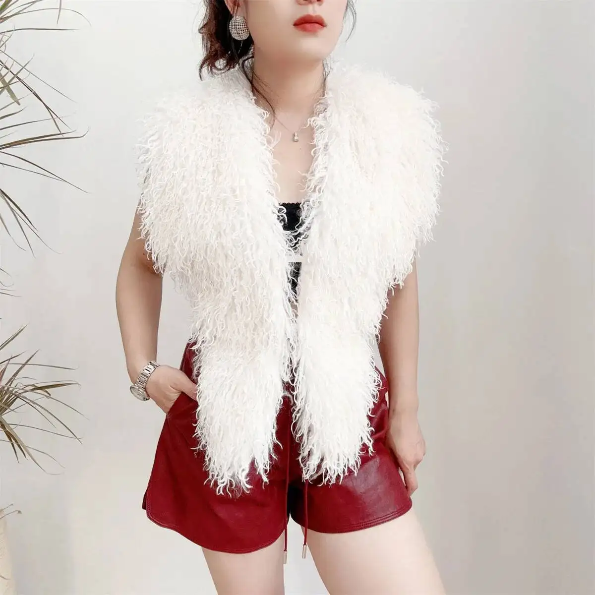 LANMREM 2025 New Faux Fur Vest For Women Imitation Shearling Sexy Backless Halter Top Autumn Winter Chic Clothing 2DB4916