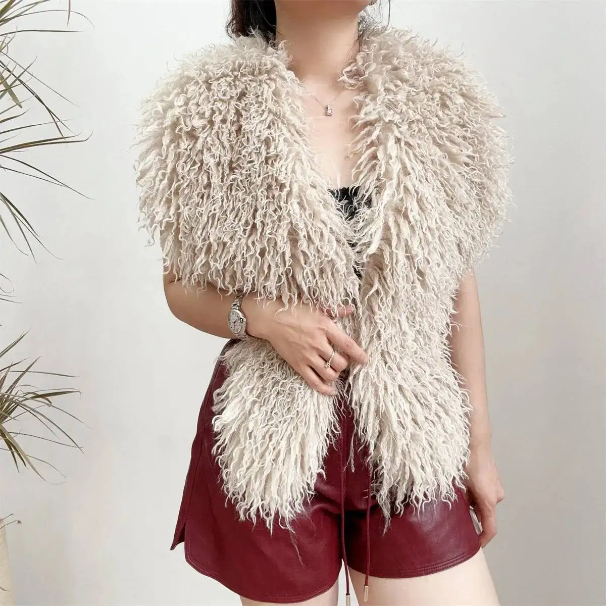 LANMREM 2025 New Faux Fur Vest For Women Imitation Shearling Sexy Backless Halter Top Autumn Winter Chic Clothing 2DB4916