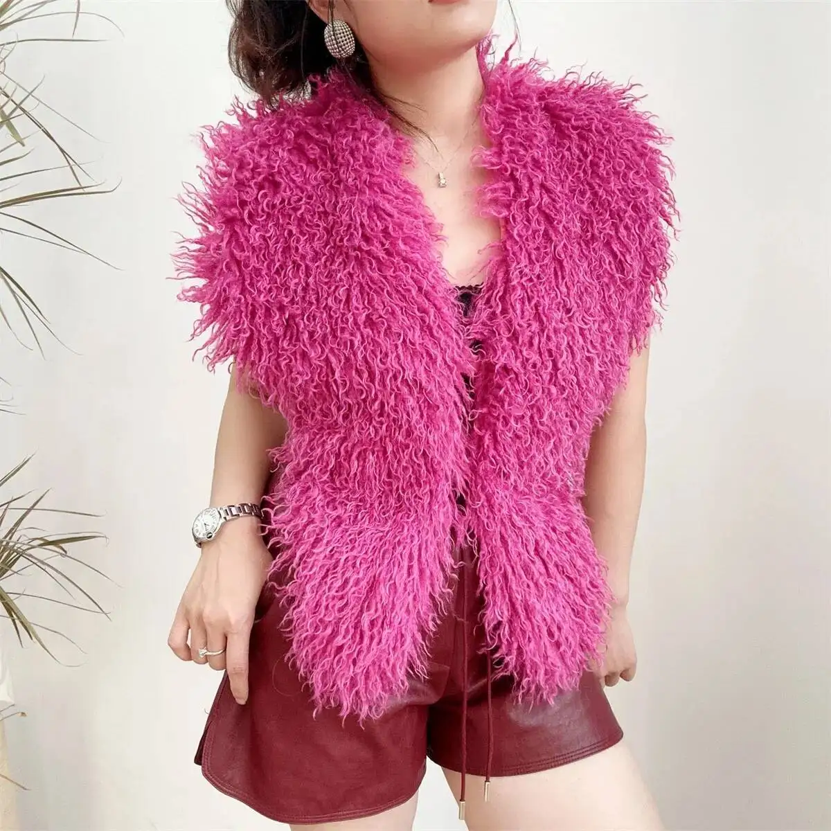 LANMREM 2025 New Faux Fur Vest For Women Imitation Shearling Sexy Backless Halter Top Autumn Winter Chic Clothing 2DB4916
