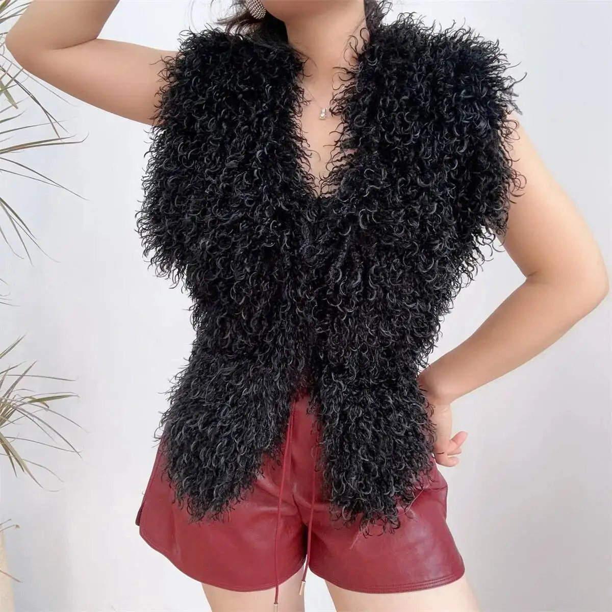 LANMREM 2025 New Faux Fur Vest For Women Imitation Shearling Sexy Backless Halter Top Autumn Winter Chic Clothing 2DB4916