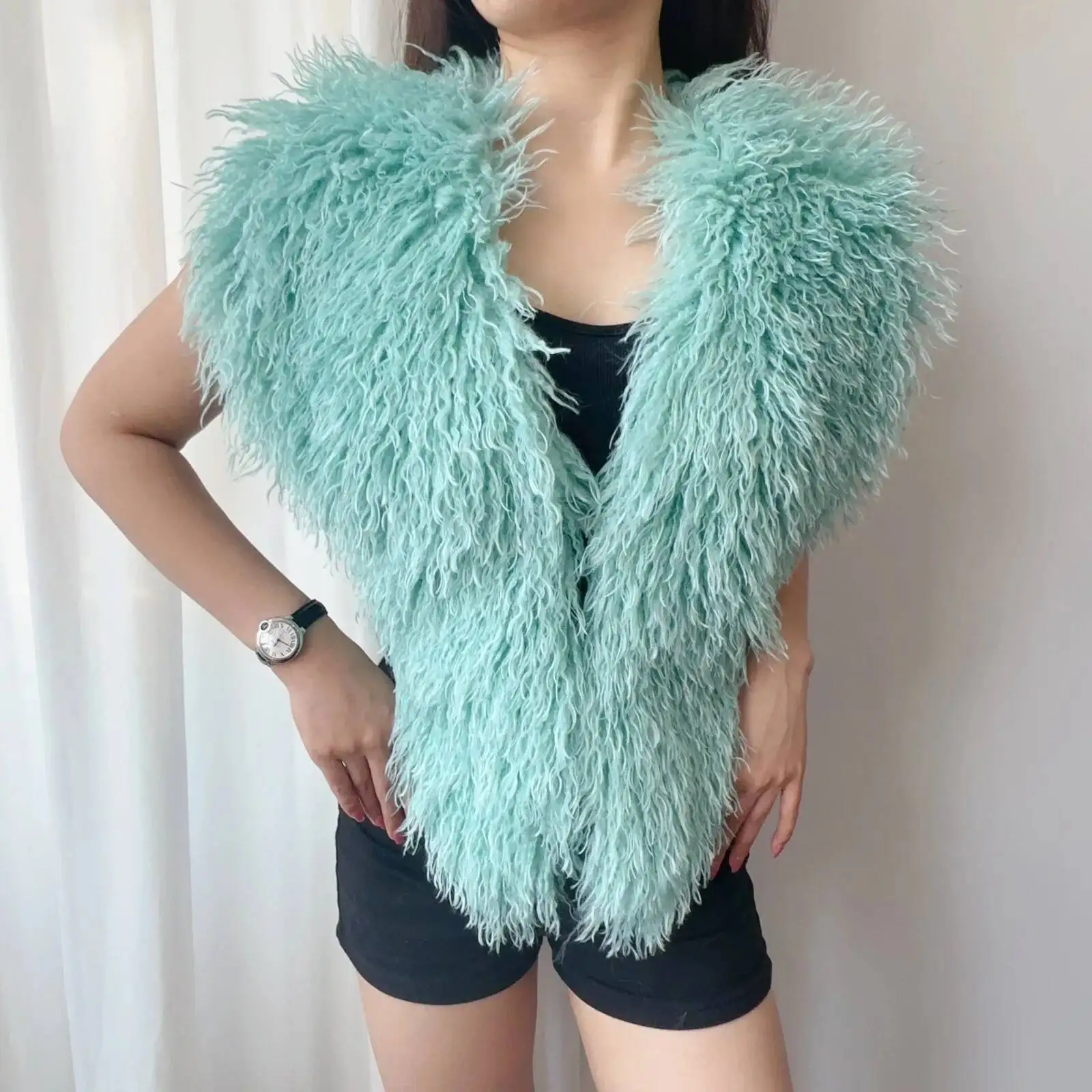 LANMREM 2025 New Faux Fur Vest For Women Imitation Shearling Sexy Backless Halter Top Autumn Winter Chic Clothing 2DB4916