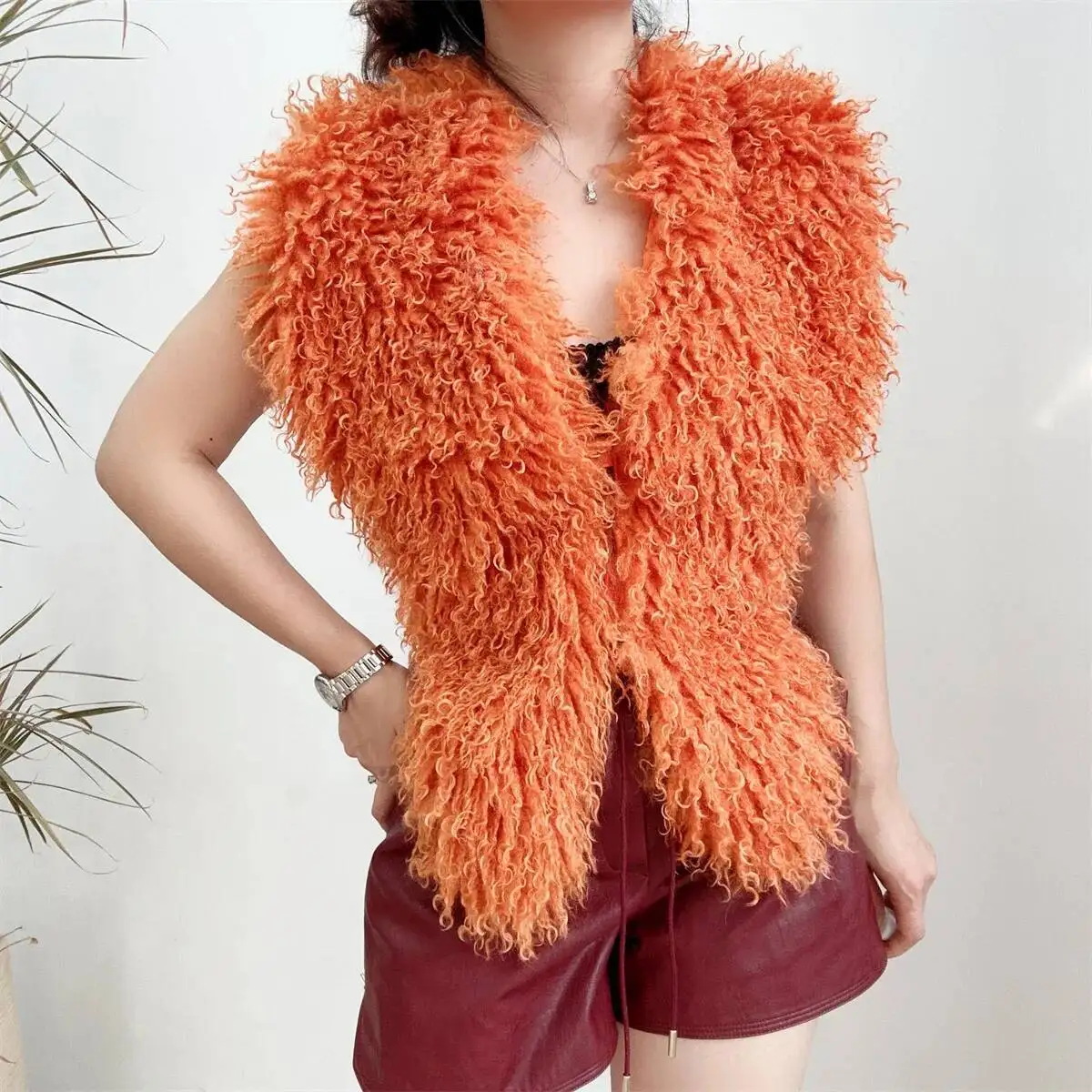 LANMREM 2025 New Faux Fur Vest For Women Imitation Shearling Sexy Backless Halter Top Autumn Winter Chic Clothing 2DB4916