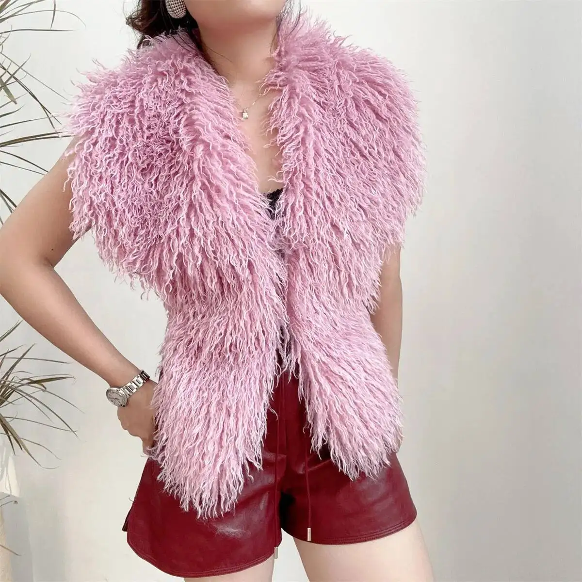 LANMREM 2025 New Faux Fur Vest For Women Imitation Shearling Sexy Backless Halter Top Autumn Winter Chic Clothing 2DB4916