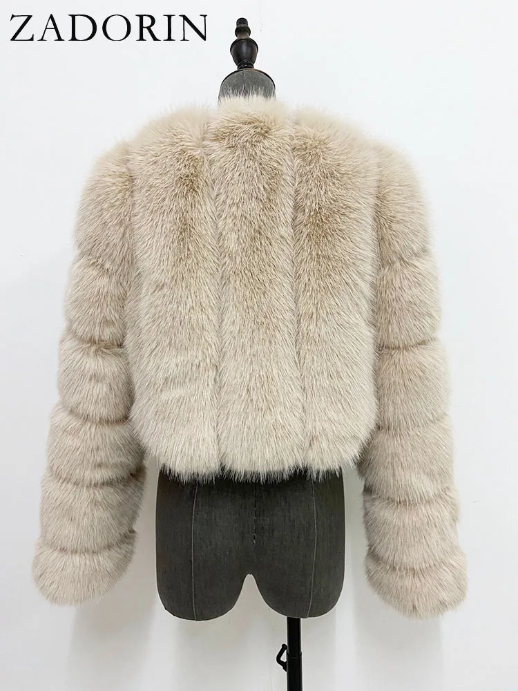 ZADORIN Luxury Cropped White Faux Fox Fur Coat Woman Clothing V Neck Long Sleeve Winter Fluffy Faux Fur Jacket Fur Coats Woman