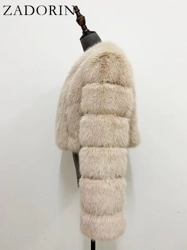 ZADORIN Luxury Cropped White Faux Fox Fur Coat Woman Clothing V Neck Long Sleeve Winter Fluffy Faux Fur Jacket Fur Coats Woman