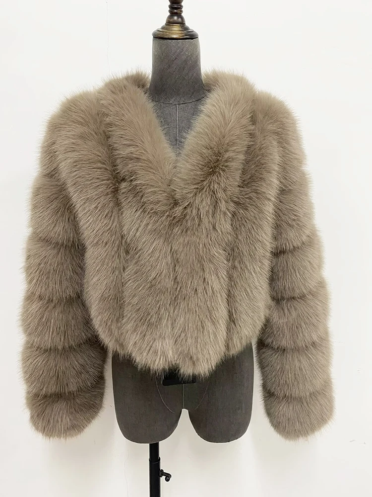 ZADORIN Luxury Cropped White Faux Fox Fur Coat Woman Clothing V Neck Long Sleeve Winter Fluffy Faux Fur Jacket Fur Coats Woman
