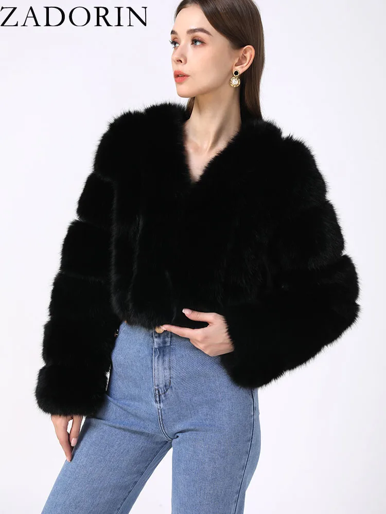 ZADORIN Luxury Cropped White Faux Fox Fur Coat Woman Clothing V Neck Long Sleeve Winter Fluffy Faux Fur Jacket Fur Coats Woman