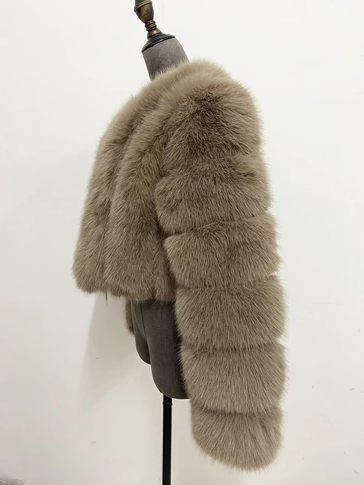 ZADORIN Luxury Cropped White Faux Fox Fur Coat Woman Clothing V Neck Long Sleeve Winter Fluffy Faux Fur Jacket Fur Coats Woman