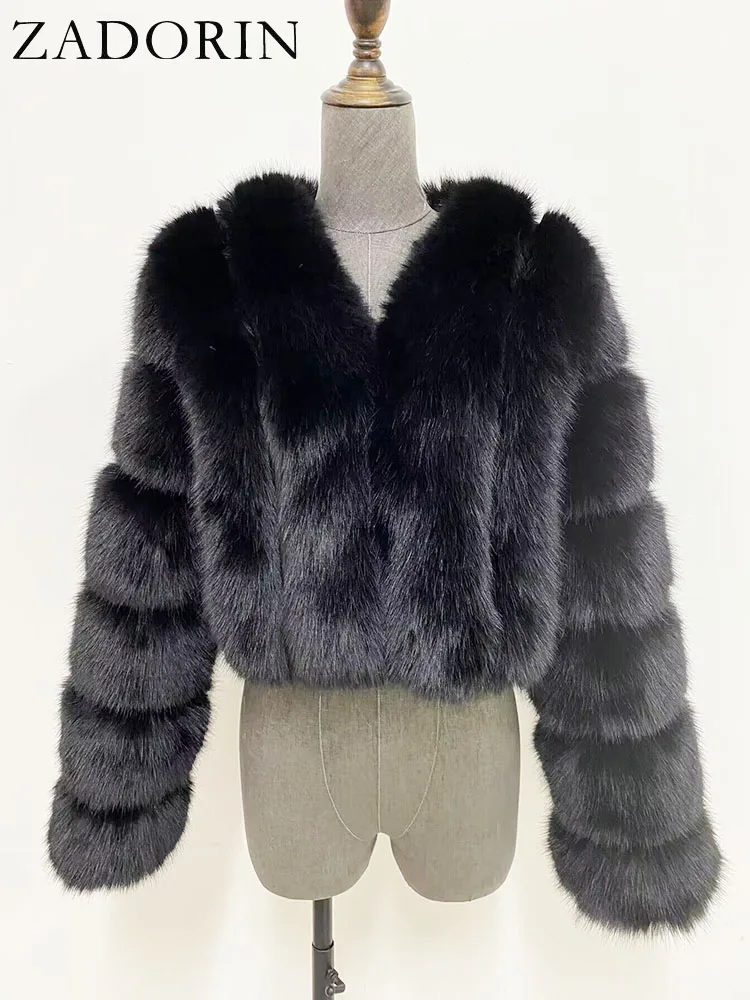 ZADORIN Luxury Cropped White Faux Fox Fur Coat Woman Clothing V Neck Long Sleeve Winter Fluffy Faux Fur Jacket Fur Coats Woman
