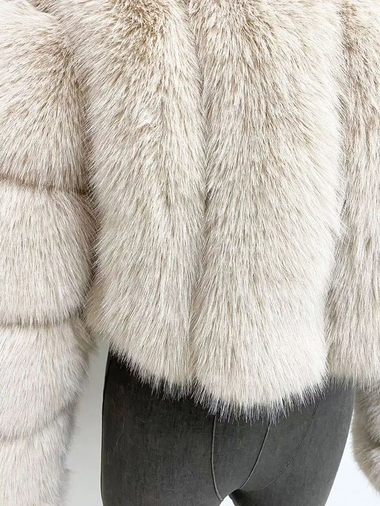ZADORIN Luxury Cropped White Faux Fox Fur Coat Woman Clothing V Neck Long Sleeve Winter Fluffy Faux Fur Jacket Fur Coats Woman