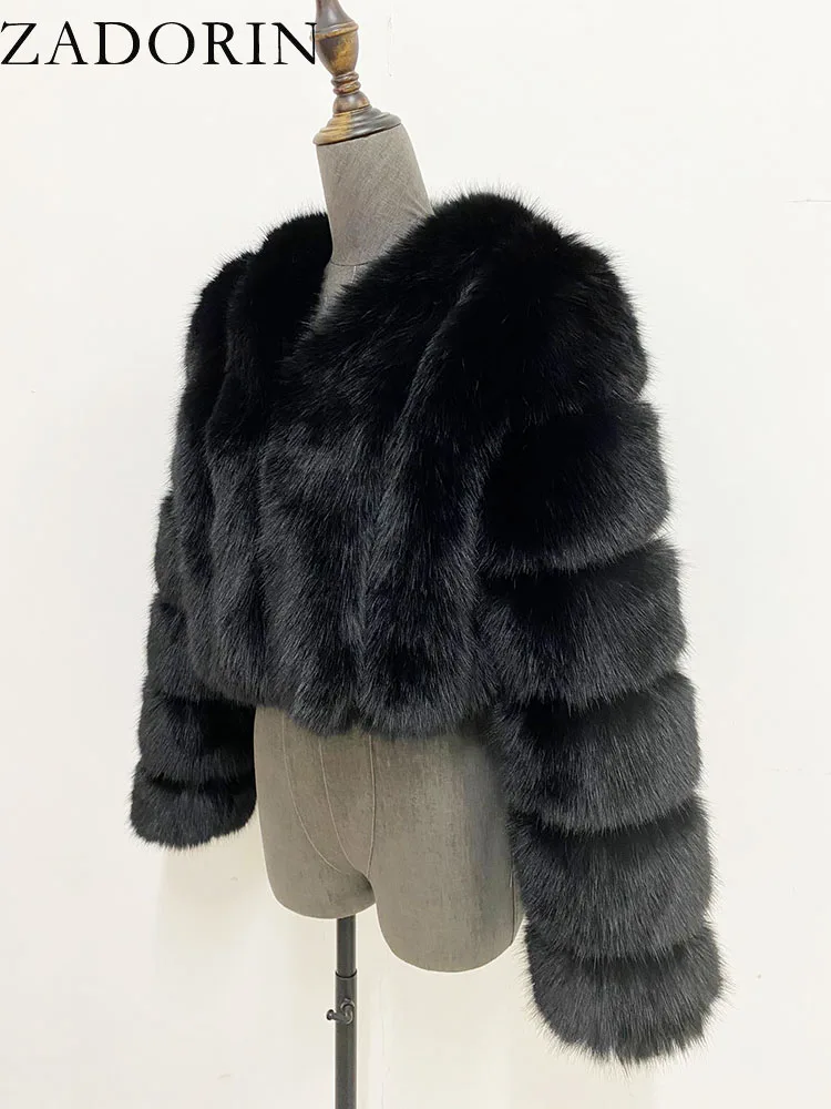 ZADORIN Luxury Cropped White Faux Fox Fur Coat Woman Clothing V Neck Long Sleeve Winter Fluffy Faux Fur Jacket Fur Coats Woman