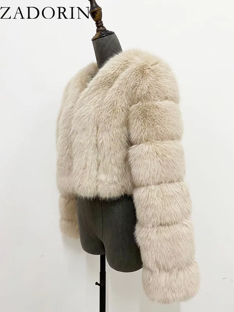 ZADORIN Luxury Cropped White Faux Fox Fur Coat Woman Clothing V Neck Long Sleeve Winter Fluffy Faux Fur Jacket Fur Coats Woman