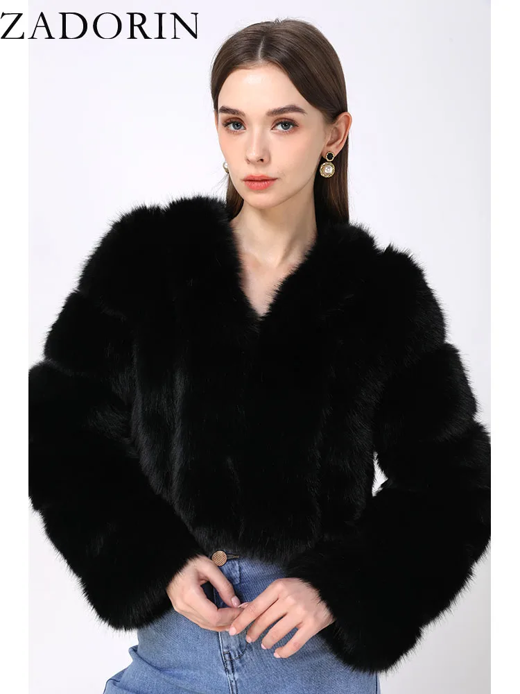 ZADORIN Luxury Cropped White Faux Fox Fur Coat Woman Clothing V Neck Long Sleeve Winter Fluffy Faux Fur Jacket Fur Coats Woman
