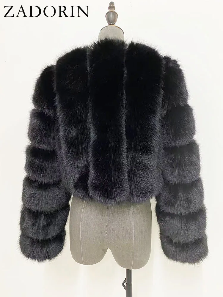 ZADORIN Luxury Cropped White Faux Fox Fur Coat Woman Clothing V Neck Long Sleeve Winter Fluffy Faux Fur Jacket Fur Coats Woman