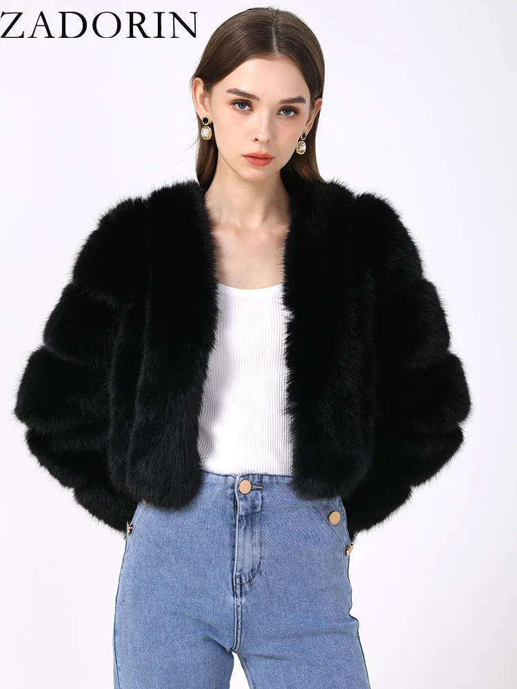 ZADORIN Luxury Cropped White Faux Fox Fur Coat Woman Clothing V Neck Long Sleeve Winter Fluffy Faux Fur Jacket Fur Coats Woman
