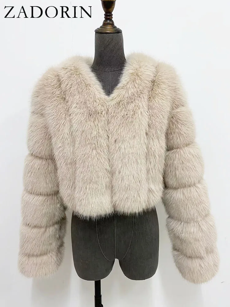 ZADORIN Luxury Cropped White Faux Fox Fur Coat Woman Clothing V Neck Long Sleeve Winter Fluffy Faux Fur Jacket Fur Coats Woman