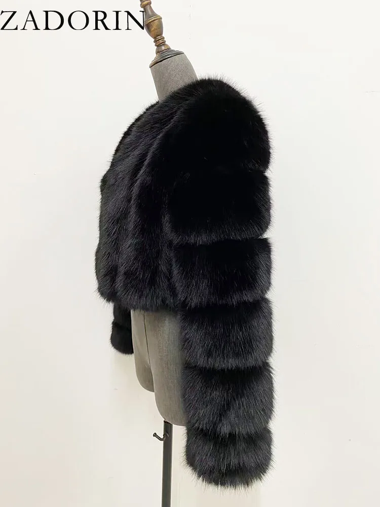 ZADORIN Luxury Cropped White Faux Fox Fur Coat Woman Clothing V Neck Long Sleeve Winter Fluffy Faux Fur Jacket Fur Coats Woman