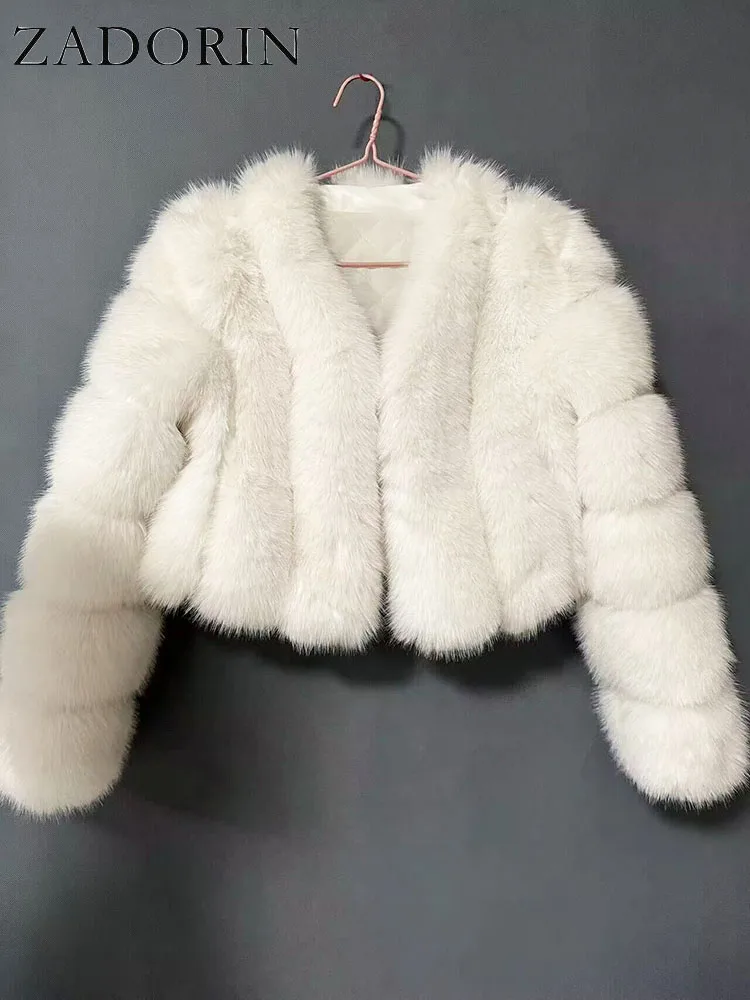 ZADORIN Luxury Cropped White Faux Fox Fur Coat Woman Clothing V Neck Long Sleeve Winter Fluffy Faux Fur Jacket Fur Coats Woman